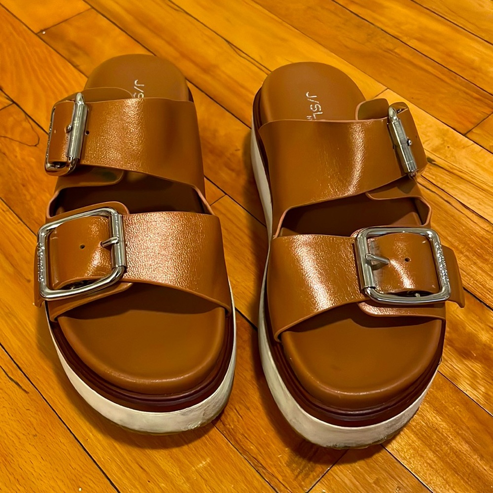 J Slides Brown Double Buckle Platform Sandals